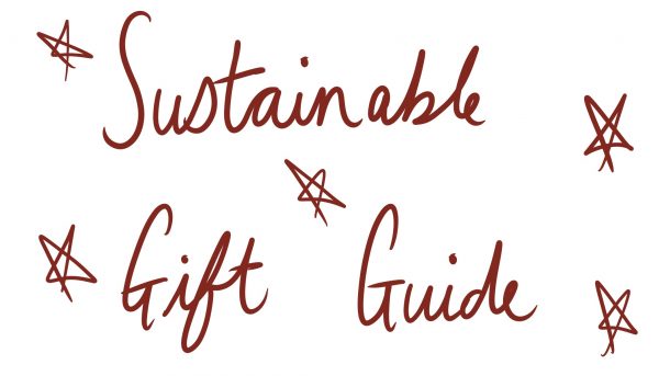 Image with hand drawn caption 'sustainable gift guide' and stars around it