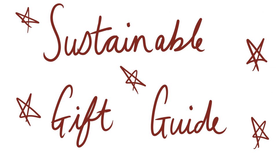 Image with hand drawn caption 'sustainable gift guide' and stars around it