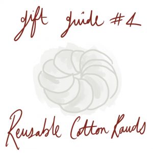 hand drawn image with reusable cotton rounds in the center and the words, 'gift guide #4 reusable cotton rounds.' all for sustainable living